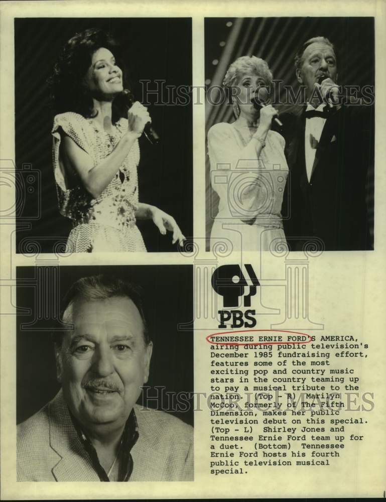 1985 Press Photo Tennessee Ernie Ford, Shirley Jones, Marilyn McCoo on PBS-TV- Historic Images