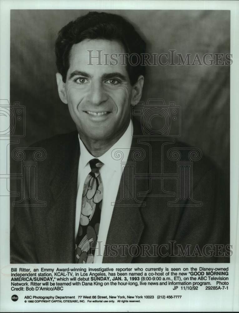 1992 Press Photo Reporter Bill Ritter, &quot;Good Morning America Sunday&quot; Co-Host-Historic Images