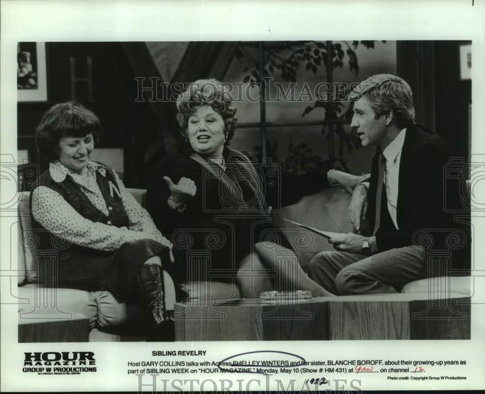 1982 Press Photo Host Gary Collins with Actress Shelley Winters, Blanche Boroff - Historic Images