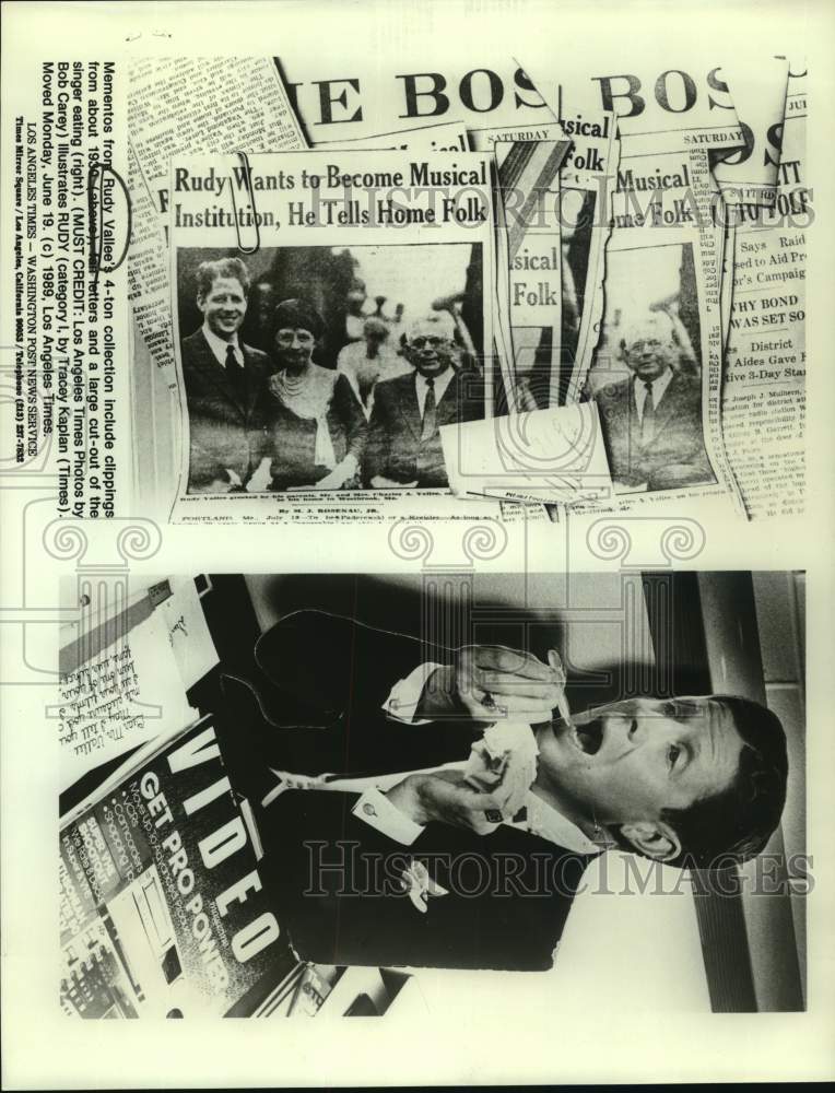 1989 Press Photo Singer Rudy Vallee Eating & 1930's Newspaper Clipping Momentos - Historic Images
