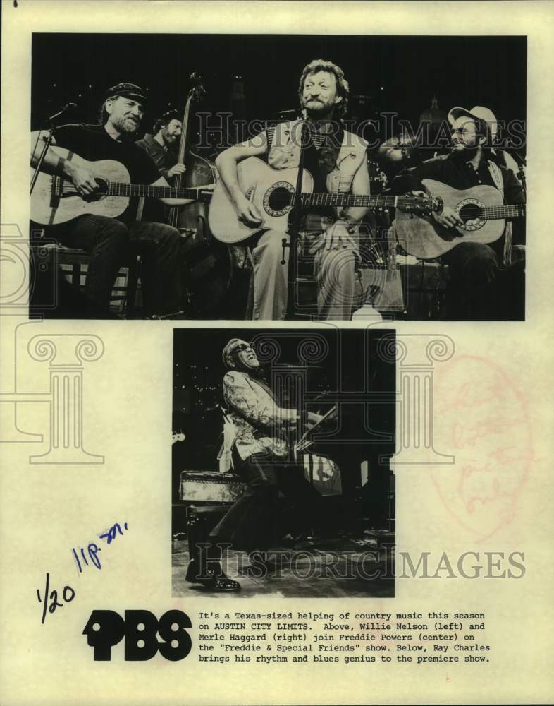 Press Photo Ray Charles, Willie Nelson & Freddie Powers on Austin City Limits. - Historic Images