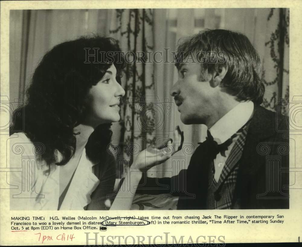 Press Photo Mary Steenburgen and Malcolm McDowell in Time After Time, on HBO. - Historic Images