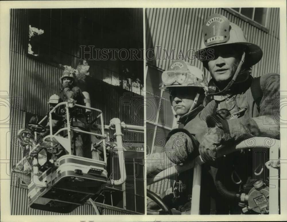 Press Photo Firefighters in scenes on a television show or movie. - Historic Images