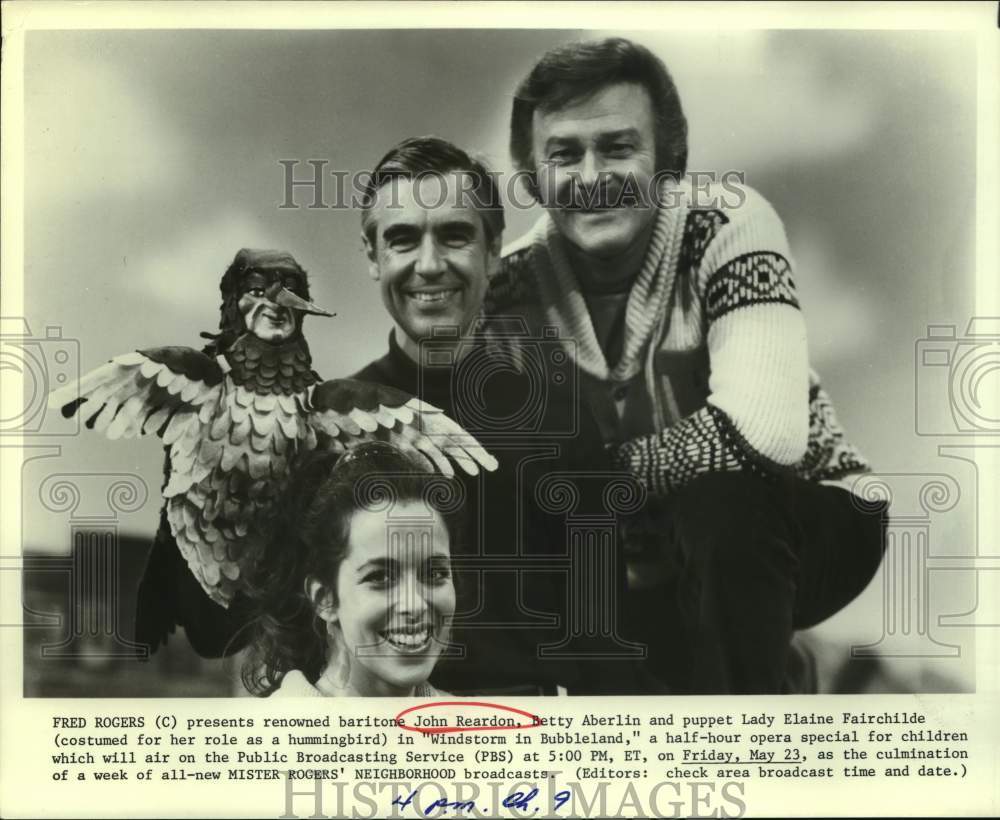 Press Photo Fred Rogers, John Reardon & Betty Aberlin in Windstorm in Bubbleland - Historic Images
