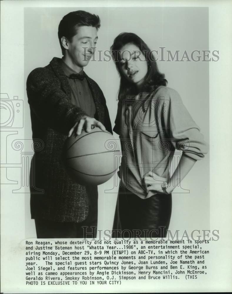 1986 Ron Reagan and Justine Bateman host Whatta Year, 1986, on ABC. - Historic Images