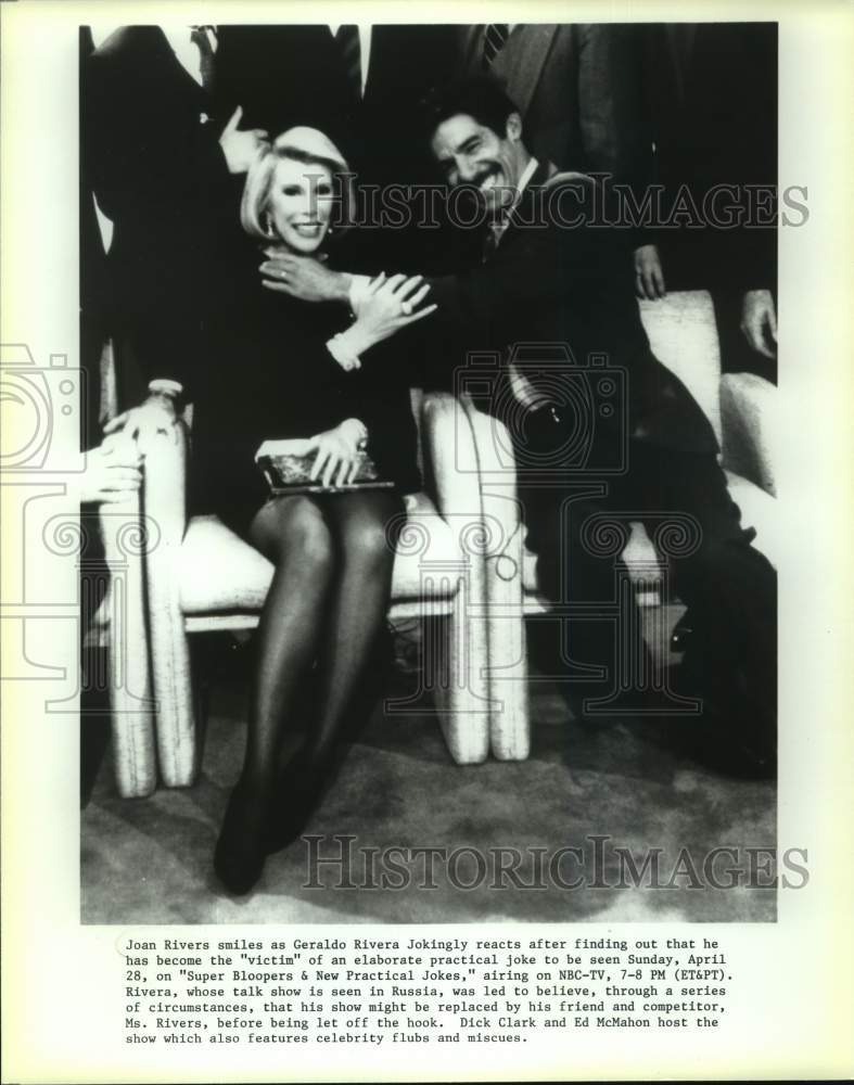 Press Photo Joan Rivers & Geraldo Rivera on Super Bloopers & New Practical Jokes - Historic Images