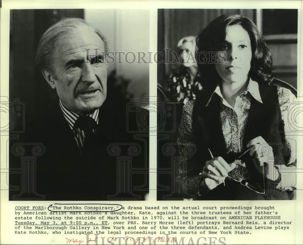 Press Photo Actors Barry Morse &amp; Andrea Levine in Film &quot;The Rothko Conspiracy&quot; - Historic Images