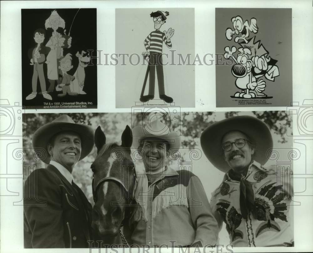 Press Photo Cartoon Characters &amp; Three Men in Western Dress With Horse - Historic Images