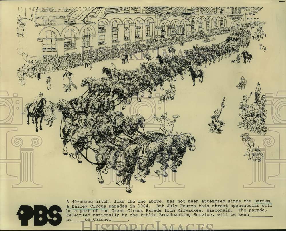 Press Photo Drawing of Barnum & Bailey 40 Horse Circus Parade - Historic Images