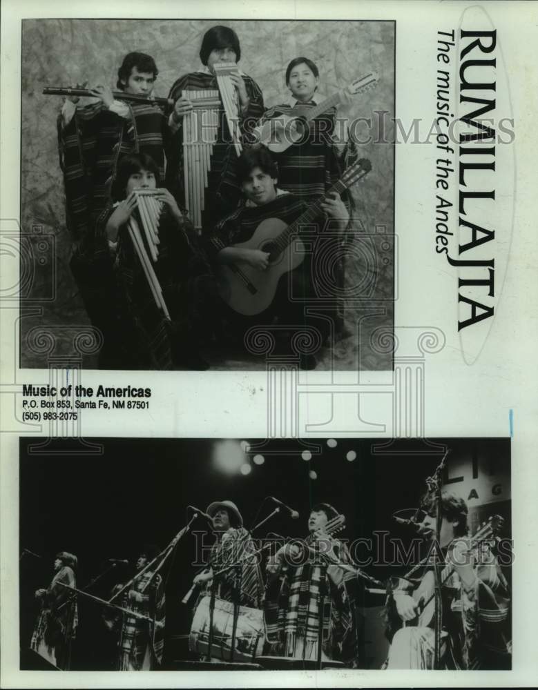 Press Photo Music Group Rumillajta Pose With Instruments & Perform on Stage - Historic Images