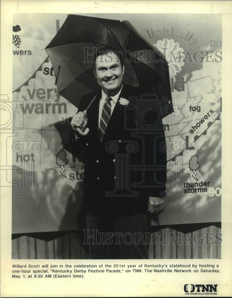 Press Photo Weatherman Willard Scott Poses With Umbrella - Historic Images