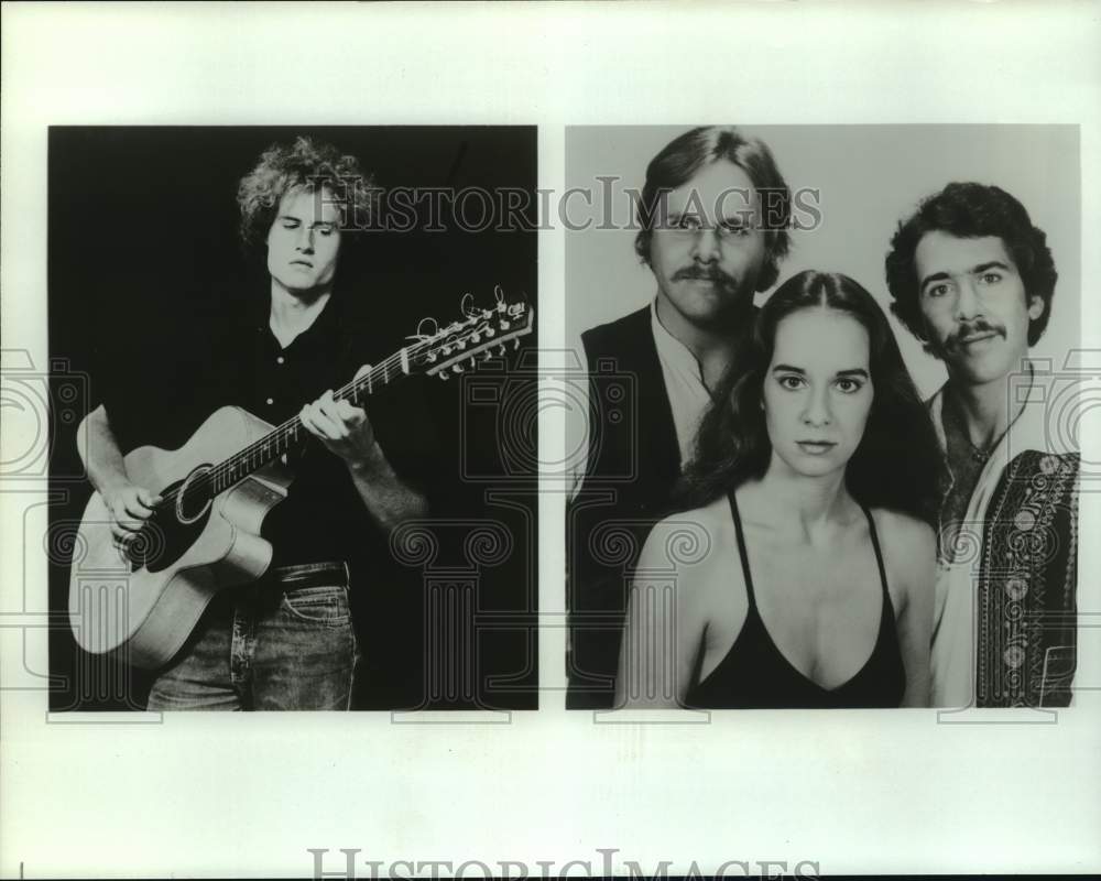 Press Photo Man Playing Guitar & Group Portrait of Two Men & Woman - Historic Images