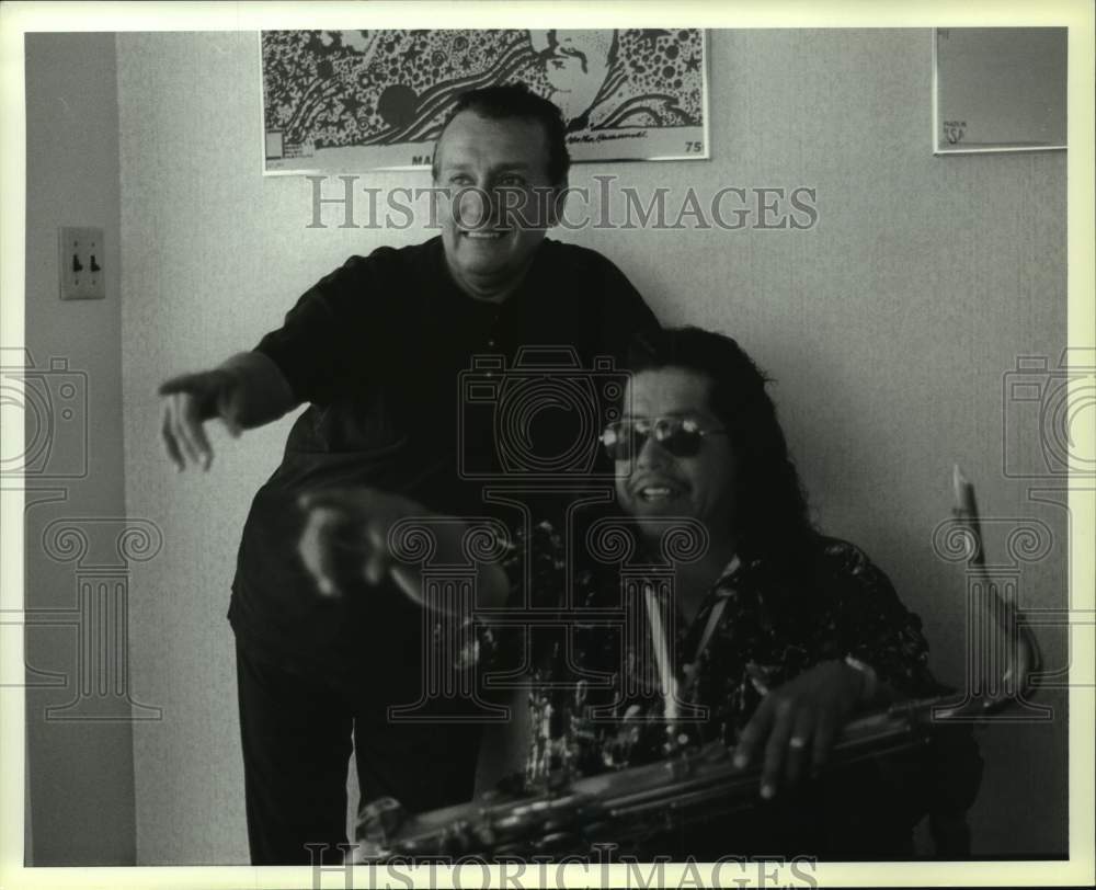Press Photo Musician Frank Rodarte Poses With Saxophone & Man - Historic Images