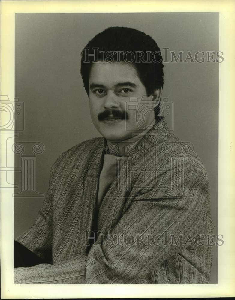 Press Photo Man With Mustache Wears Shirt & Jacket - Historic Images