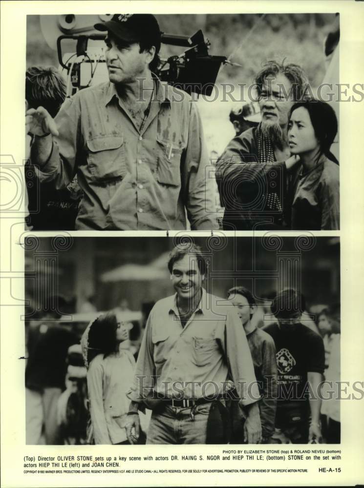 1983 Press Photo Director Oliver Stone Sets up Scenes on Set With Film Cast - Historic Images