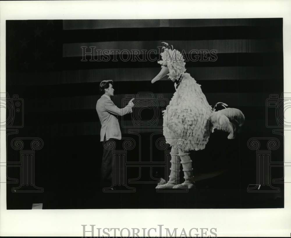 Press Photo An actor in a scene with Big Bird from Sesame Street. - Historic Images