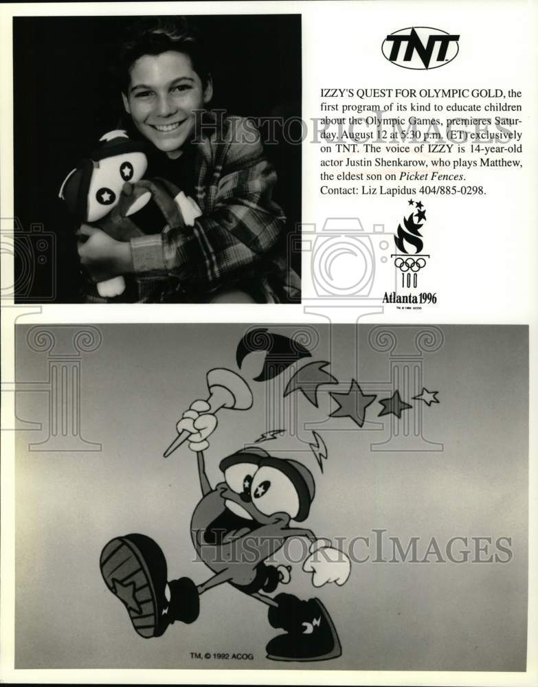 1992 Press Photo Olympic Mascot Cartoon Izzy &amp; Voice Actor Justin Shenkarow - Historic Images