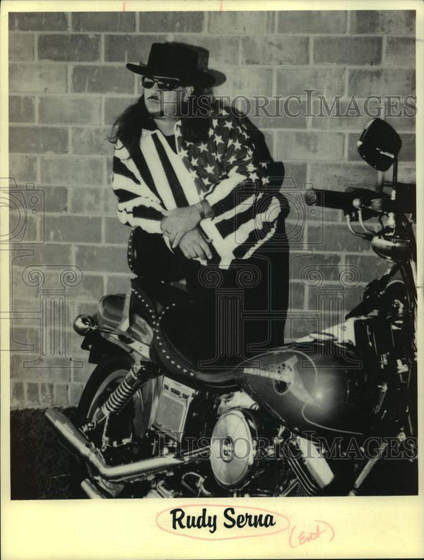 1998 Comedian Rudy Serna Poses with Motorcycle Historic Images