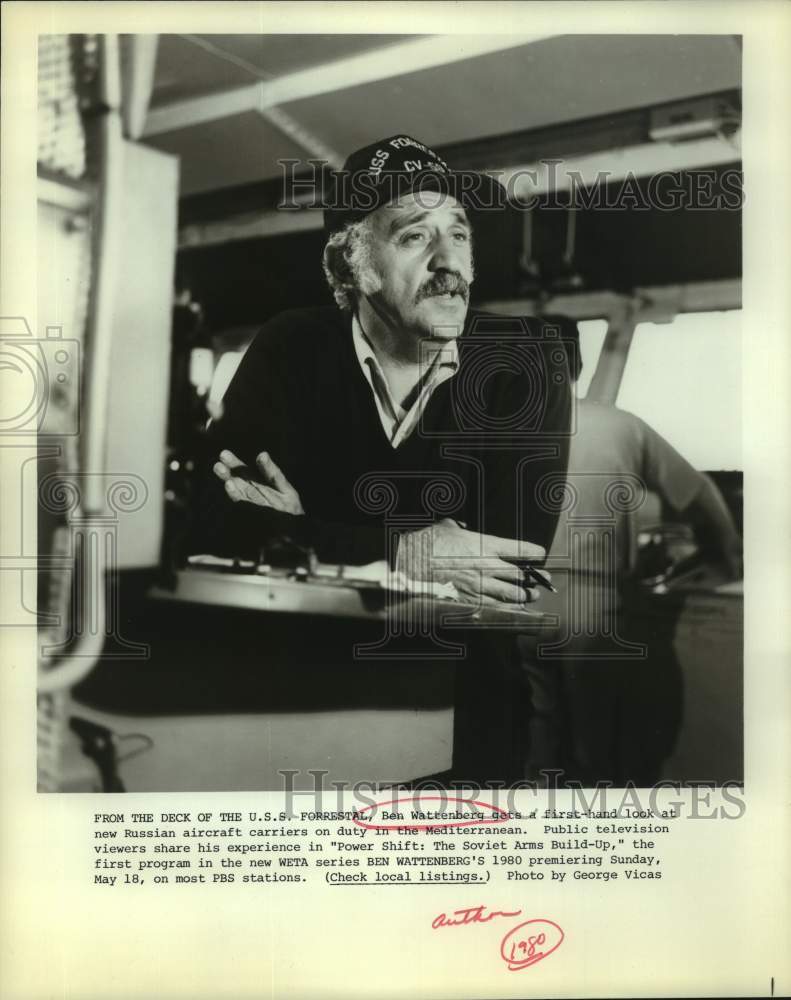 1980 Actor Ben Wattenberg on Deck of U.S.S. Forrestal in PBS Special-Historic Images