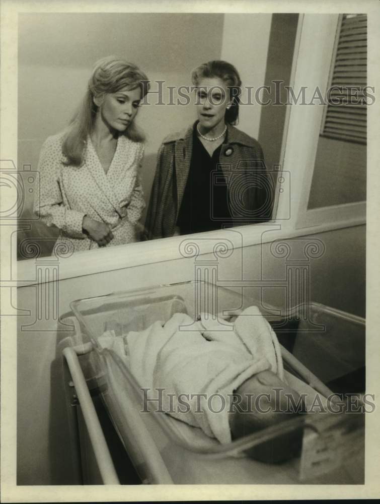 Two Actresses Look at Newborn Baby in Hospital Crib-Historic Images