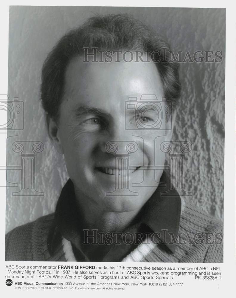 1987 Press Photo ABC Sports Commentator Frank Gifford, "Monday Night Football" - Historic Images