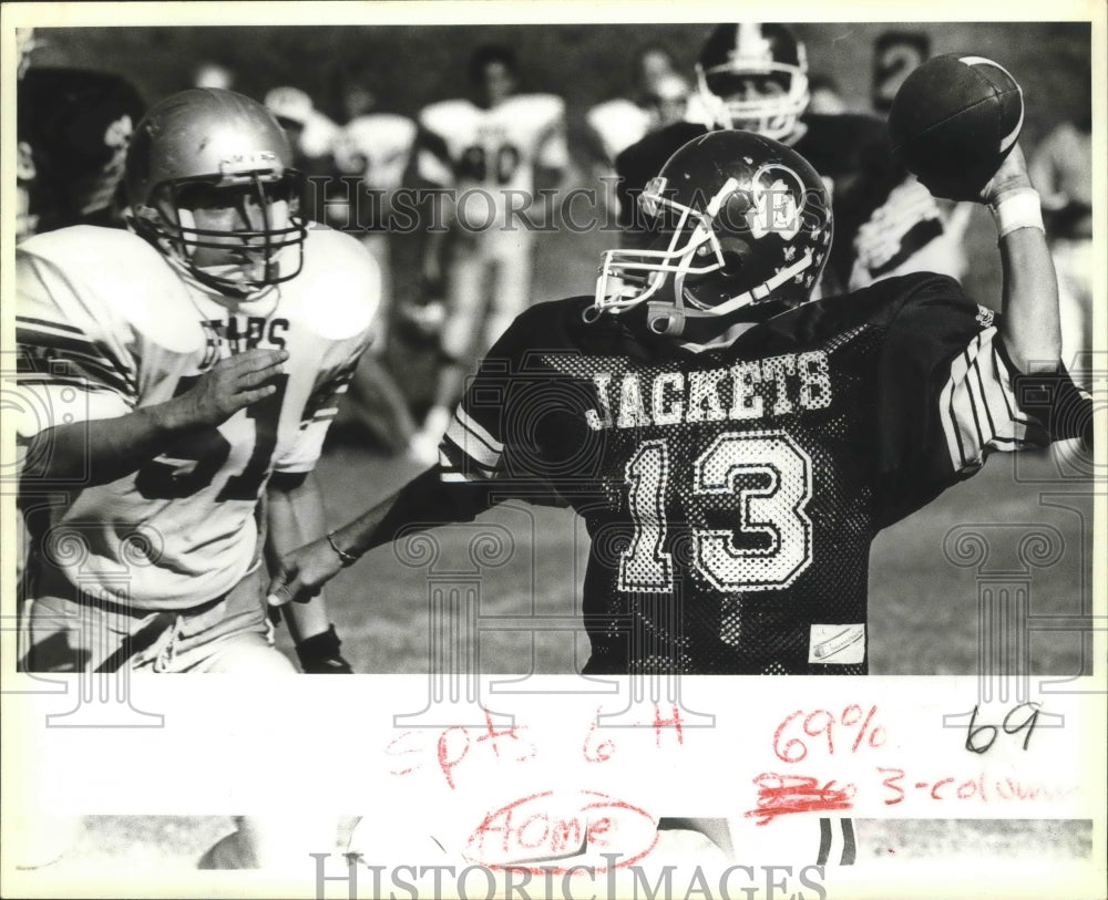 1987 Press Photo San Marcos Tiger Garmen, St. Anthony Joesph Celis, Football- Historic Images