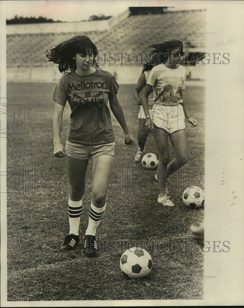 1975 Nancy Casterling &amp; Ann Tarpley play Soccer-Historic Images