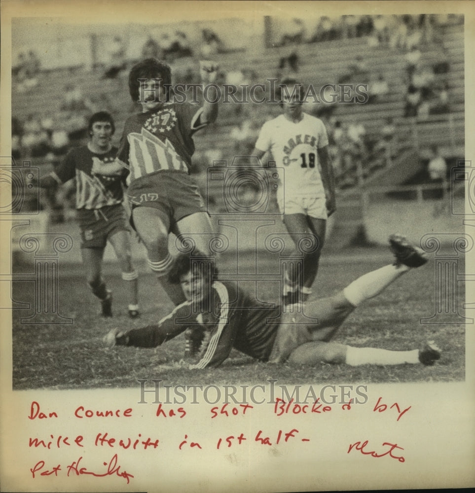 Dan Counce has shot blocked by Mike Hewitt in first half, Soccer-Historic Images