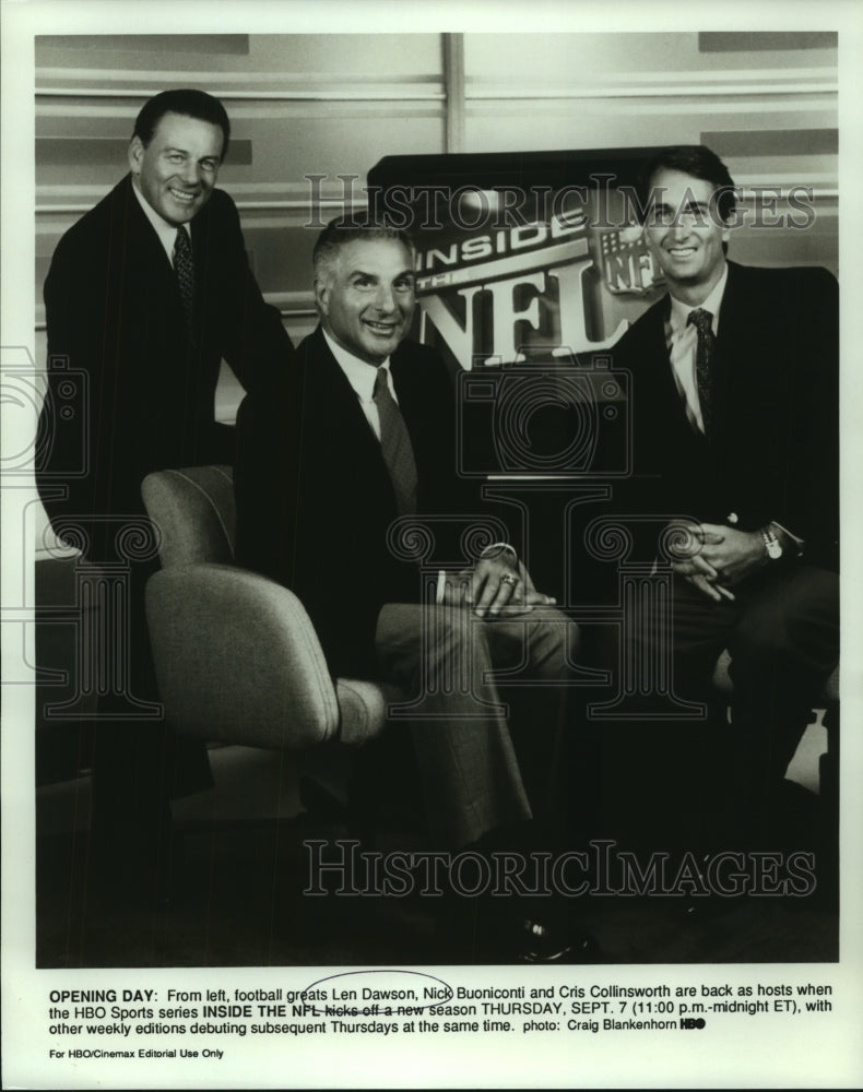 Press Photo HBO NFL hosts Len Dawson, Nick Buoniconti, Cris Collinsworth- Historic Images