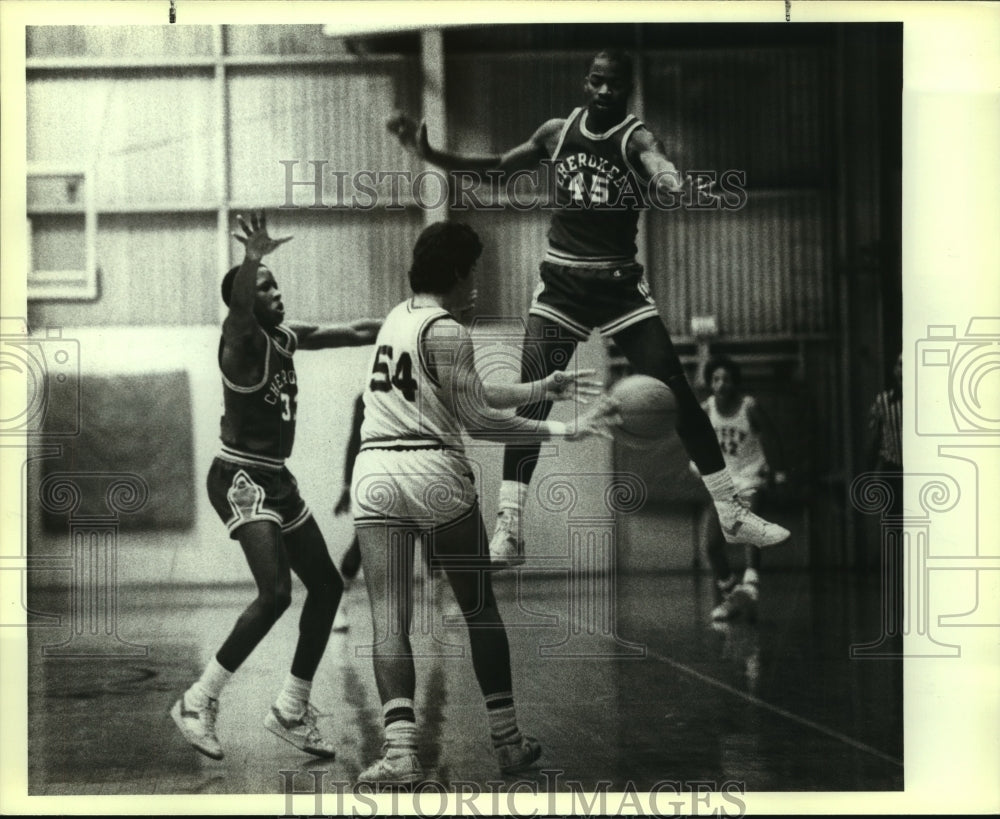 1983 Press Photo Sam Houston High School Basketball Players At Game 1983-press-photo-sam-houston-high-school-basketball-players-at-game