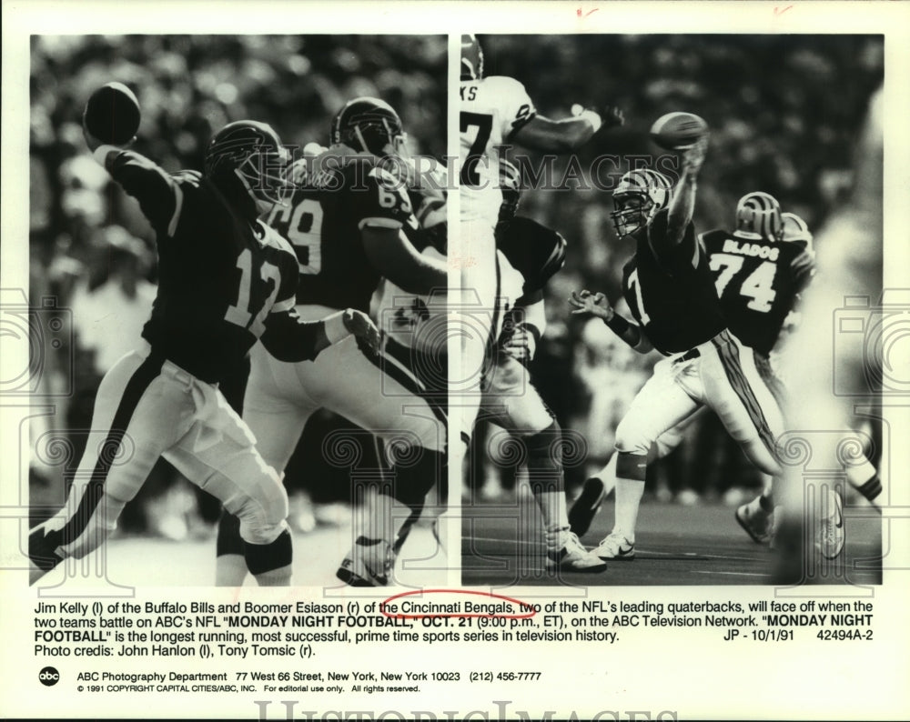 1991 Press Photo NFL quarterbacks Jim Kelly (Bills) and Boomer Esiason (Bengals) - Historic Images