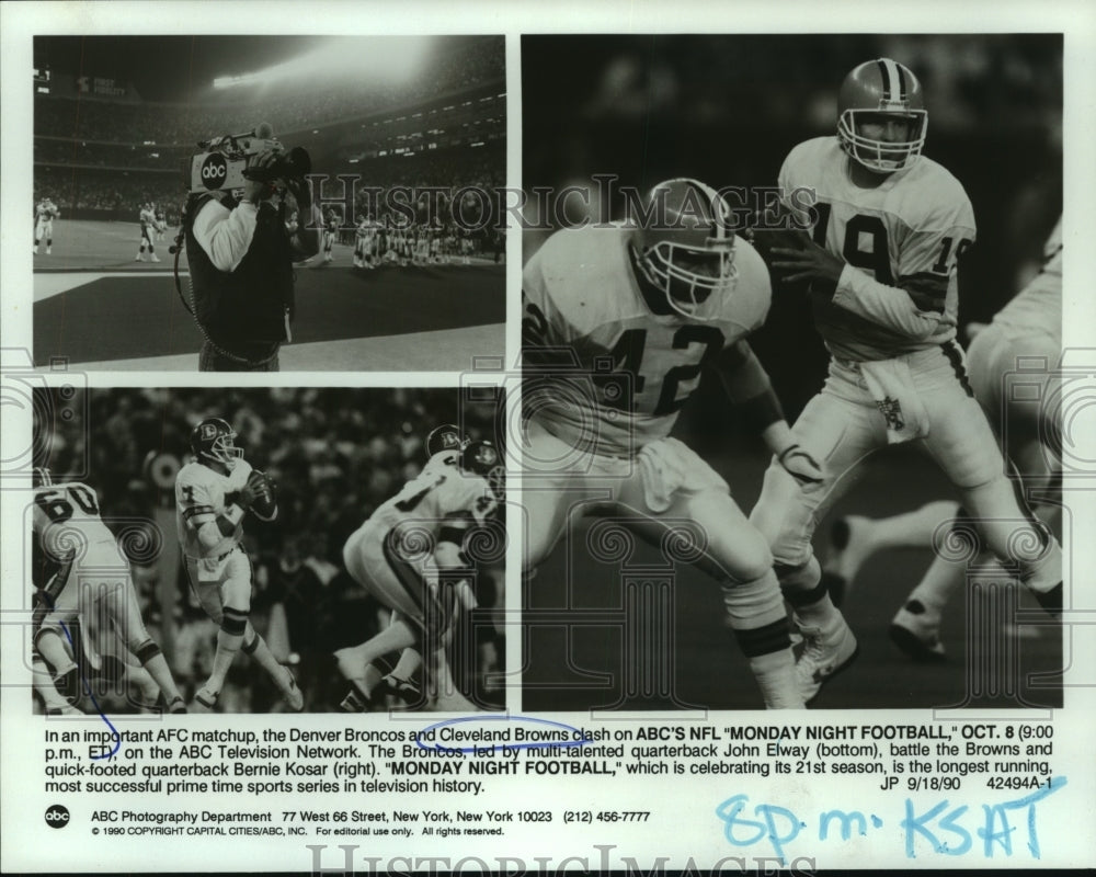 1990 Press Photo NFL quarterbacks John Elway (Broncos) and Bernie Kosar (Browns)- Historic Images