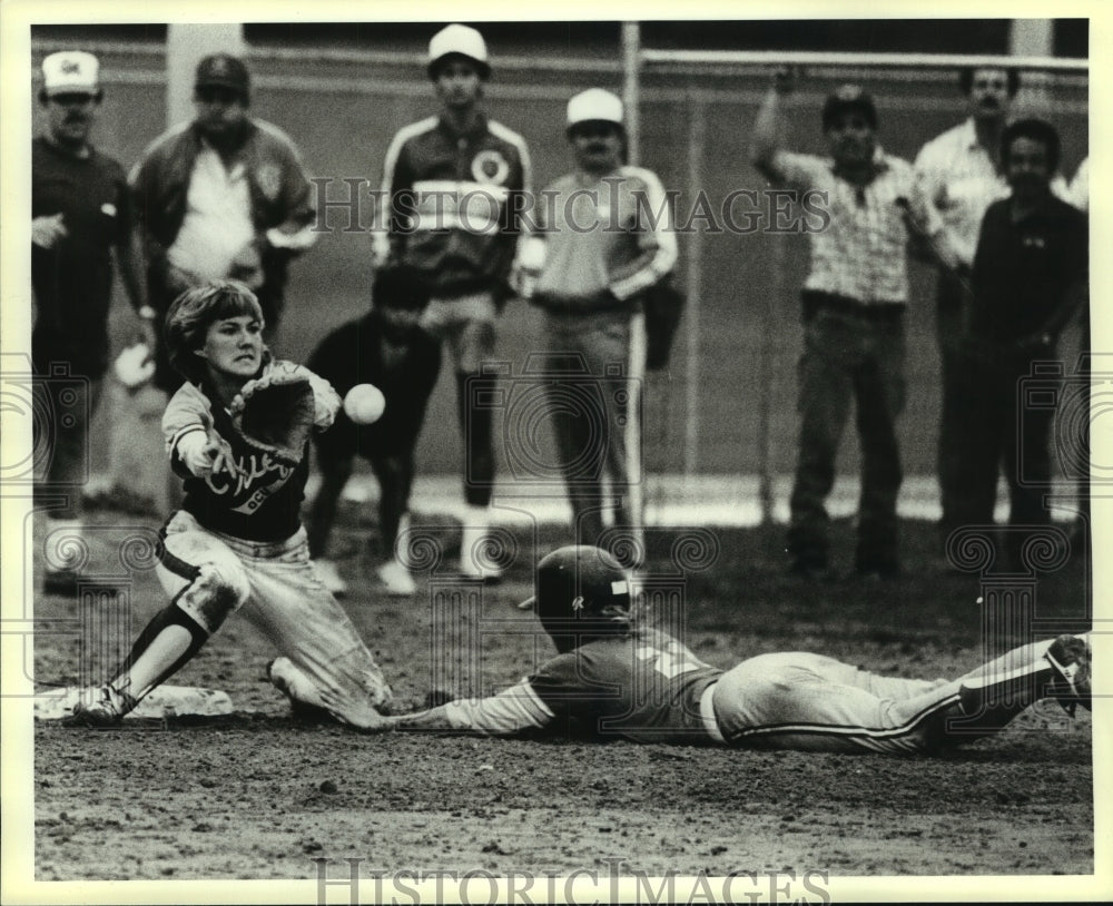 Press Photo Women's Baseball Player Slides into Baseman with Onlookers- Historic Images