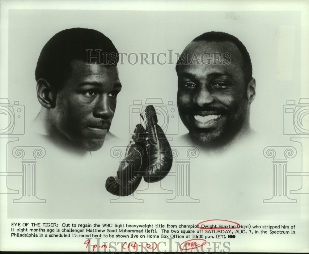 1982 Press Photo Boxers Dwight Braxton and Matthew Saad Muhammed - sas06926- Historic Images