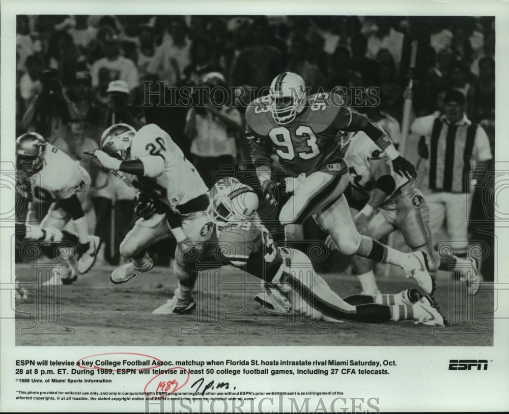 1989 Press Photo Florida State and Miami College Football Players at Game - Historic Images