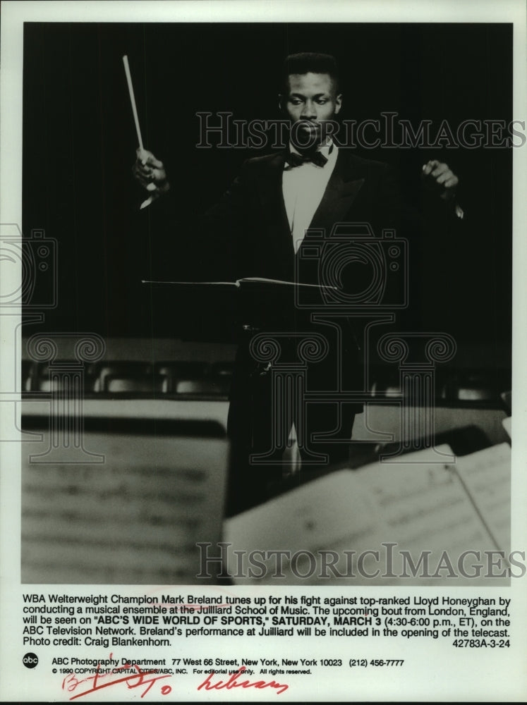 1990 Press Photo Boxer Mark Breland Conducts Ensemble at Julliard Music School- Historic Images