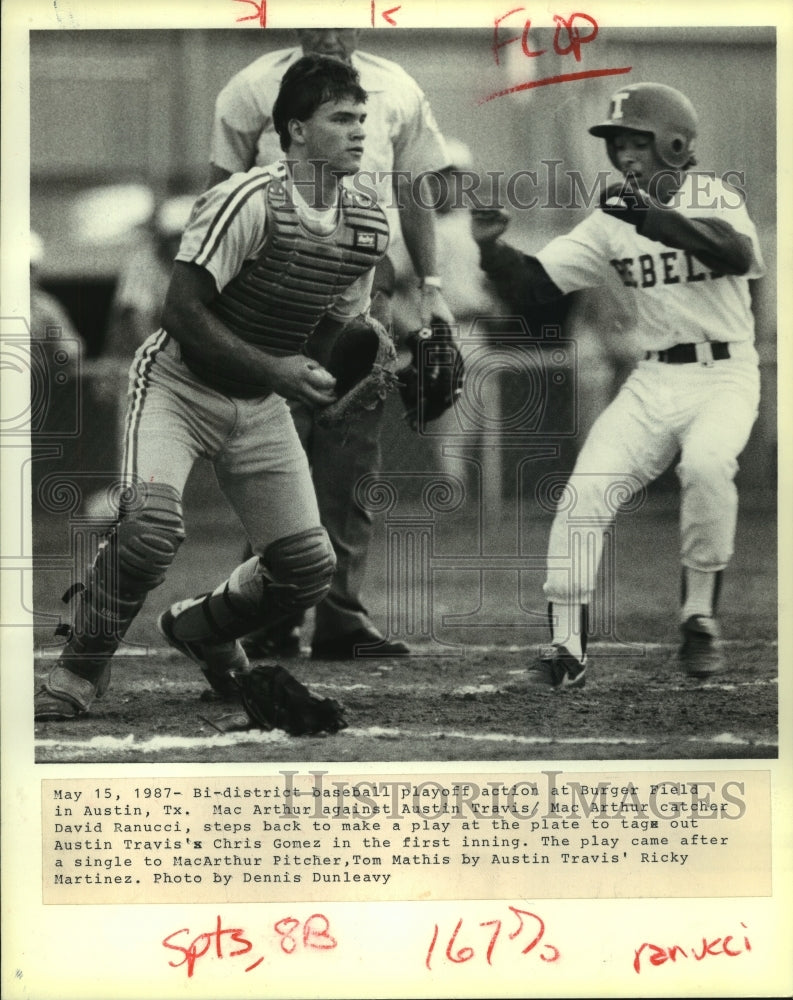 1987 Press Photo Travis and MacArthur Baseball Players at Burger Field in Austin-Historic Images