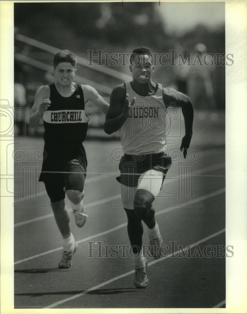 1991 Press Photo Jerod Douglas, Judson High School Track runner at Finish Line - Historic Images