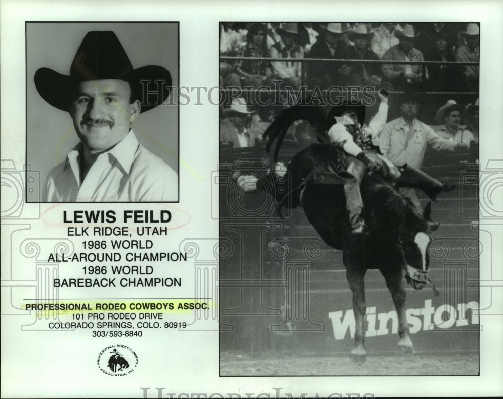 1986 Press Photo Lewis Feild, Rodeo Cowboy Bareback Champion on Horse - Historic Images