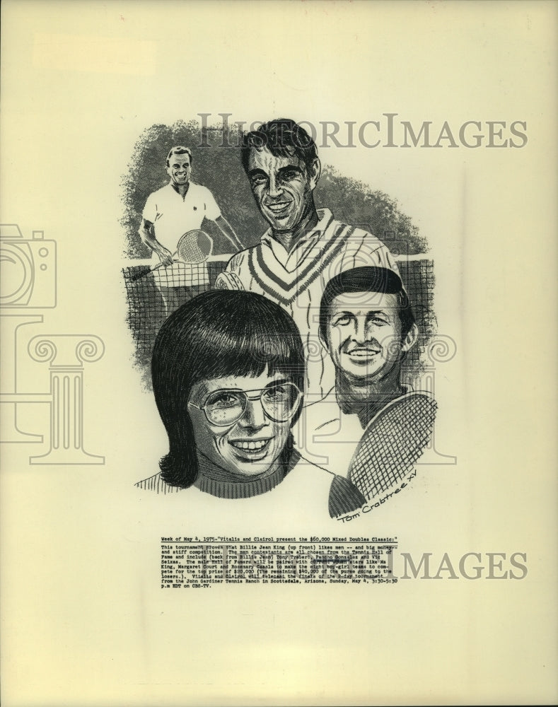 1975 Press Photo Billie Jean King, Tennis Player with Others on Poster Drawing - Historic Images
