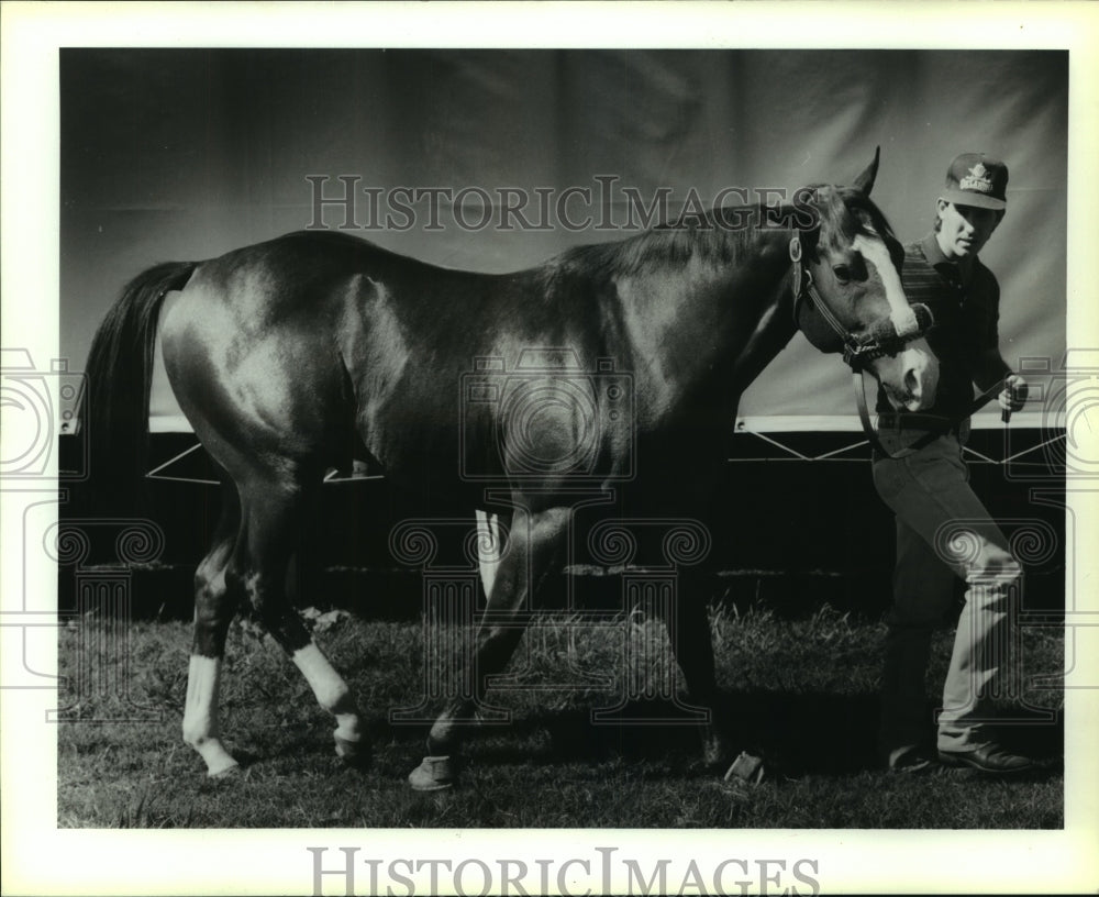 1990 Press Photo Race horse Squinch Eye and trainer Toby Keeton at Bandera Downs- Historic Images