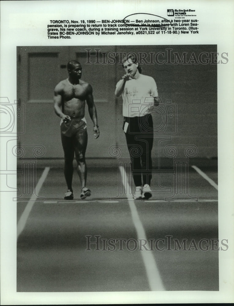 1990 Press Photo Ben Johnson Track Runner with Trainer Loren Seagrave in Toronto - Historic Images