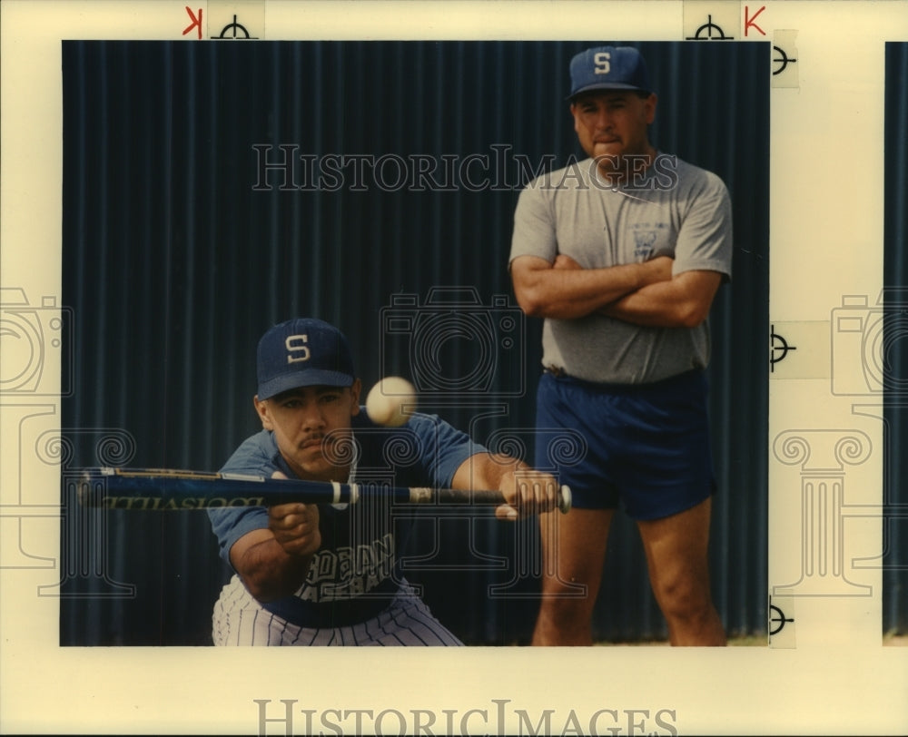 1992 Press Photo Nick Casas, South San High School Baseball Coach with Player - Historic Images