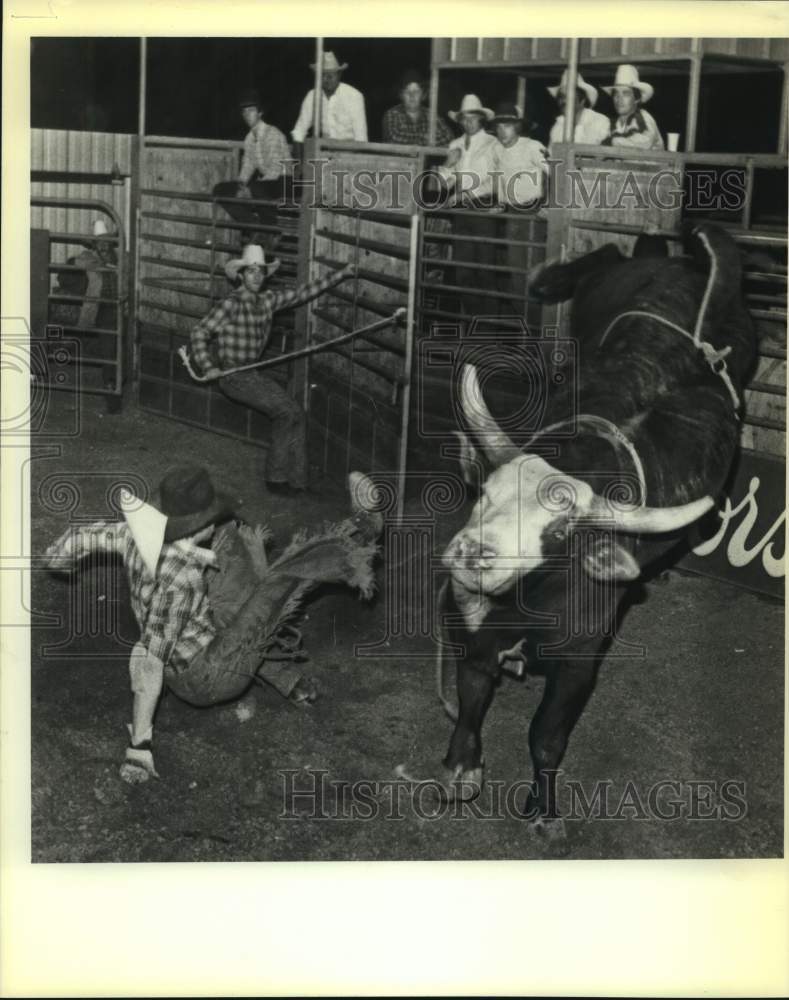 1982 Press Photo A rodeo bull rider is thrown off his mount - sas14981 - Historic Images