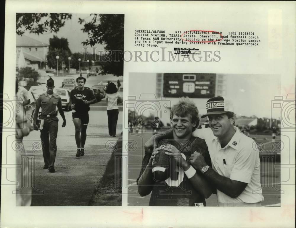 1984 Press Photo Texas A&amp;M football coach Jackie Sherrill and player Craig Stump - Historic Images