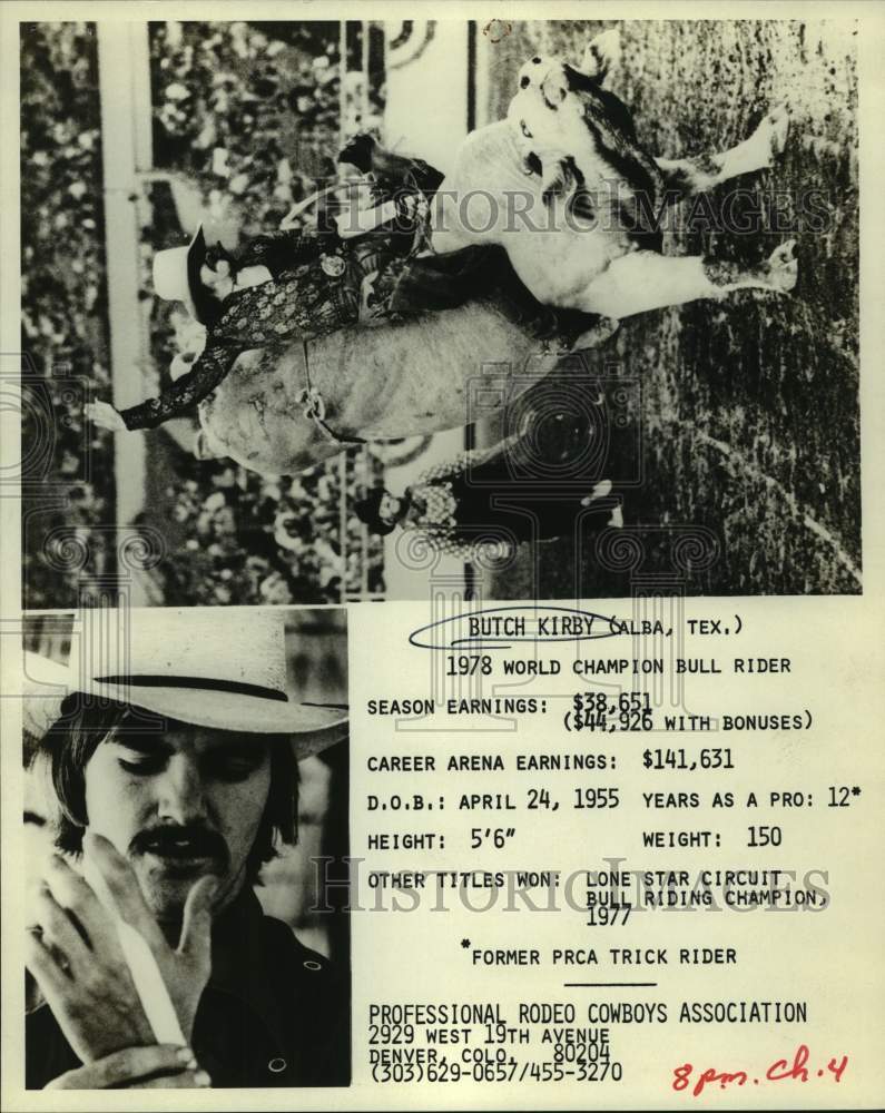 1978 Press Photo World champion bull rider Butch Kirby of Alba, Texas - Historic Images