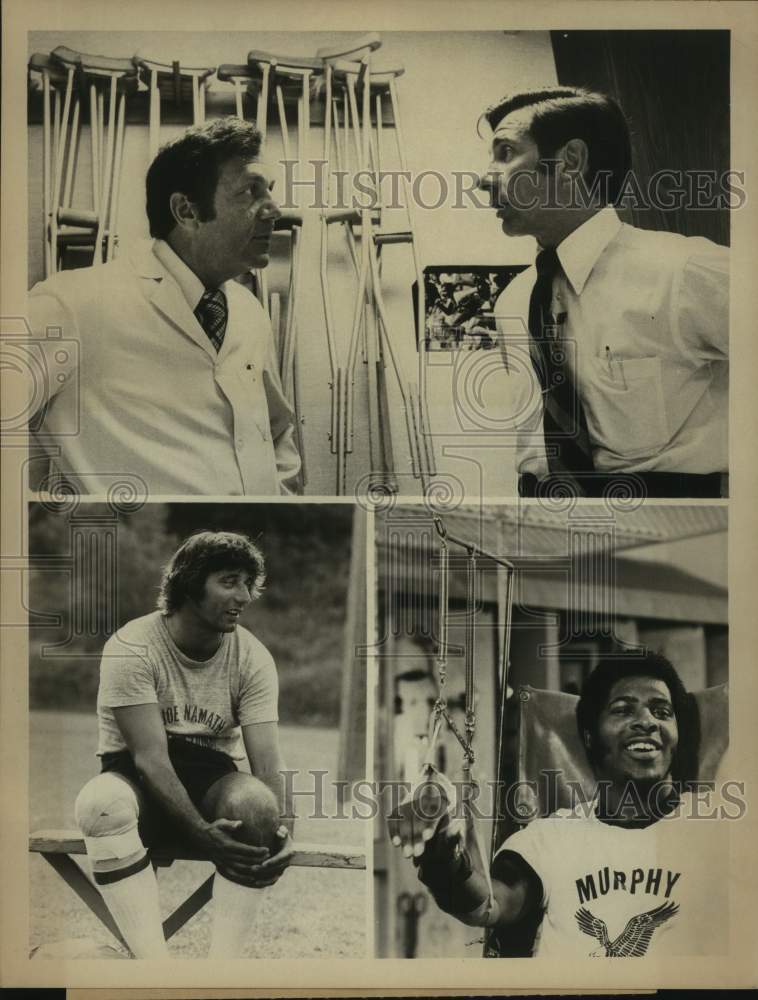 1974 Press Photo Dr. Robert Kerlan, Jules Bergman, Joe Namath, Bruce Dozier - Historic Images