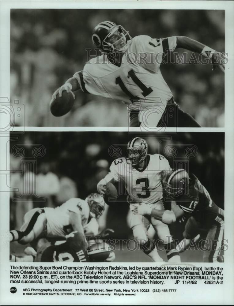1992 Press Photo NFL football quarterbacks Mark Rypien and Bobby Hebert - Historic Images