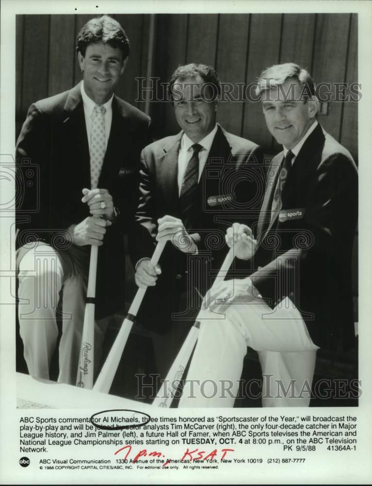 1988 Press Photo ABC baseball broadcasters Al Michaels, Tim McCarver, Jim Palmer - Historic Images