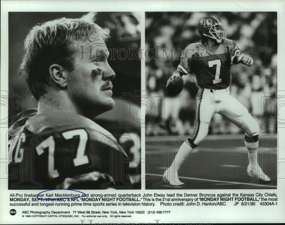 1990 Press Photo Denver Broncos football players Karl Mecklenburg, John Elway - Historic Images